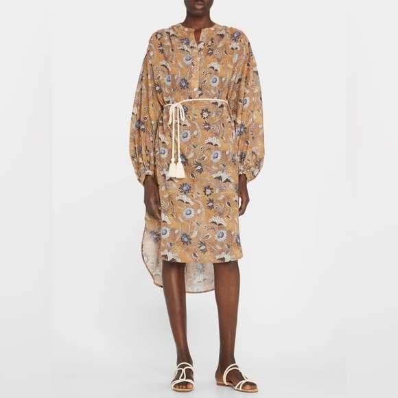 ULLA JOHNSON Agadir Floral Batiste Belted Coverup Midi Dress Brown Blue Sz M - Picture 3 of 16